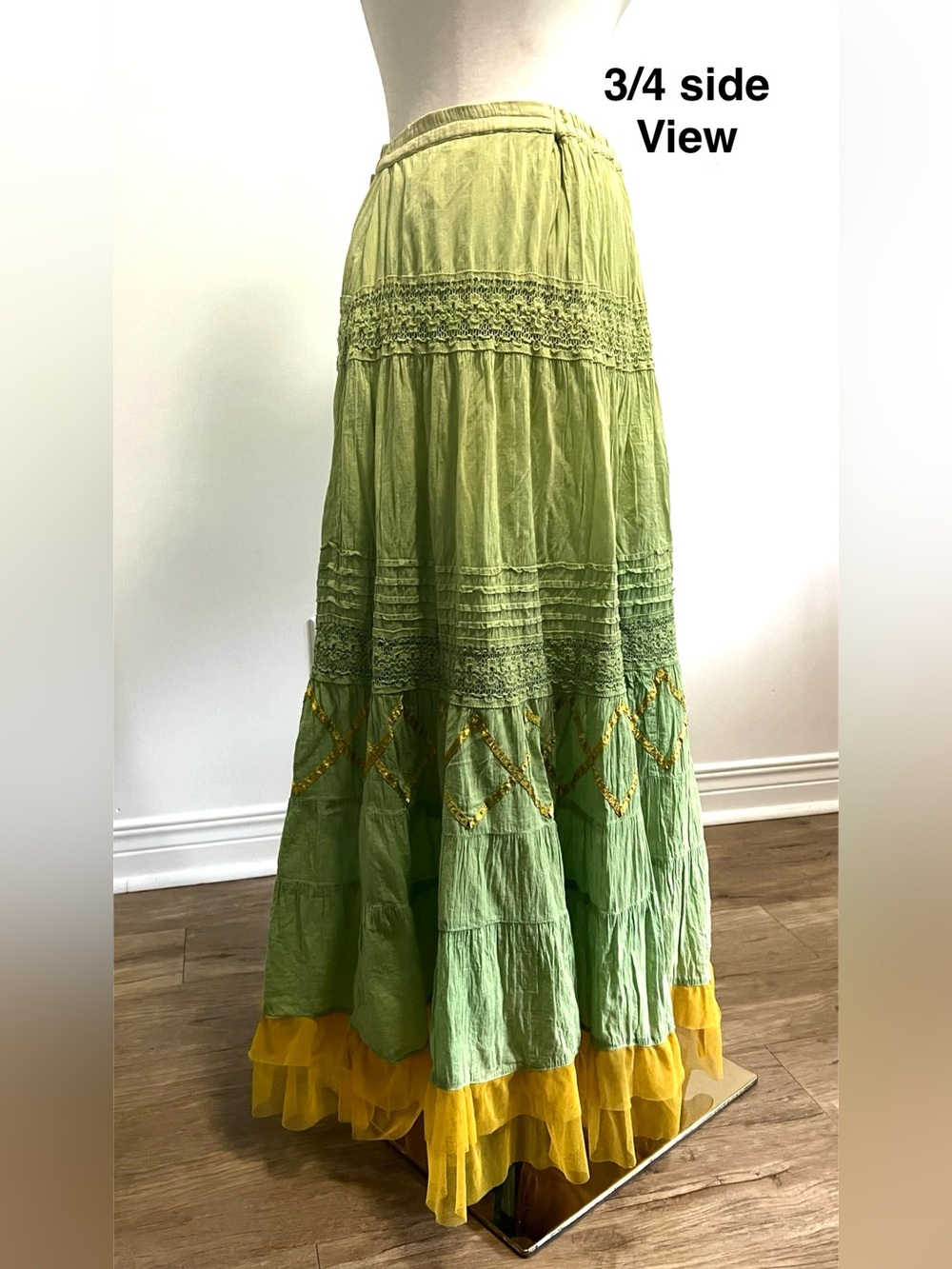 🇨🇦 Vintage Boho Maxi Skirt • Green Ombré • Crinkle Cotton Feel • Lace & Ribbon - Picture 11 of 14